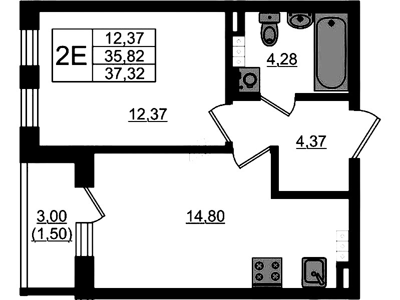 1-комнатная квартира 37.32 м², 4/4 эт., ЖК «Новая история»